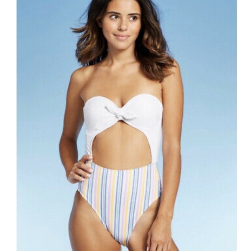 Xhilaration Multi Stripe Tie Front Cut Out One Piece Swimsuit NWT Juniors